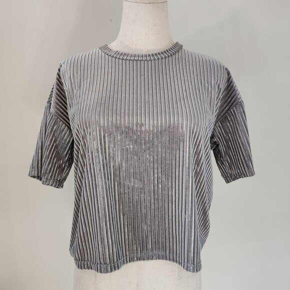 FOREVER 21 Semi-sheer Silver Velvet Short Sleeve Boxy Crop Top. SZ S. - Picture 1 of 7